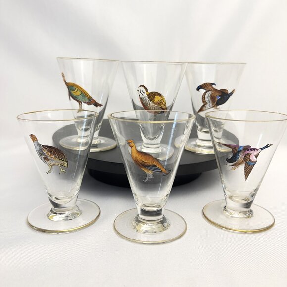 Hand-Painted Vintage Bird Glasses Set of 6 Gold Rim 4 oz Signed Base 3 1/2" H - Picture 11 of 11